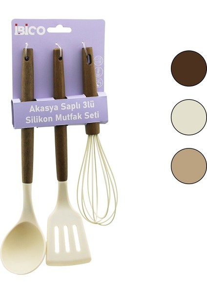 3 Pcs Renkli Silikon Mutk Seti Çırpıcı - Kepçe - Spatula Ahşap - Akasya Saplı