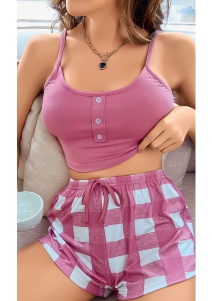 Kadın Pembe Kareli Desenli Askılı Şortlu Pijama Takım 6651