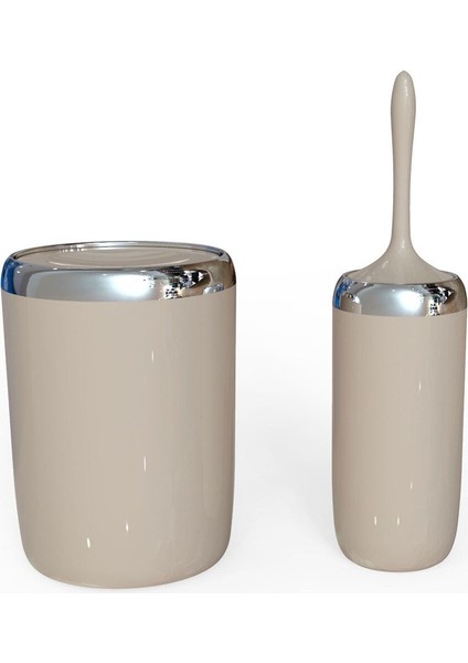 Lima Krom Dekorlu Banyo Çöp Kovası Tuvalet Fırçası 2'li Set-Bej