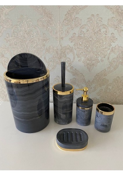 5 Parça Mermer Desen Banyo Seti / Wc Fırçalık, Sıvı - Katı Sabunluk, Çöp Kovası, Diş Fırçalık fırsatları