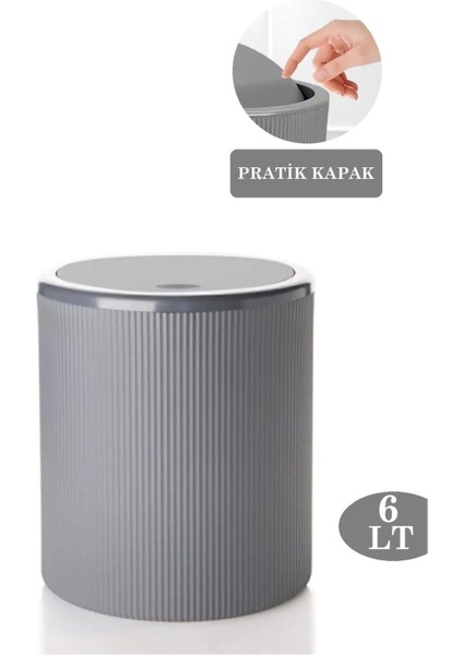 6 Lt Pratik Kapak Mutfak Çöp Kovası - Çizgili Tasarım Yuvarlak Banyo Çöp Kovası