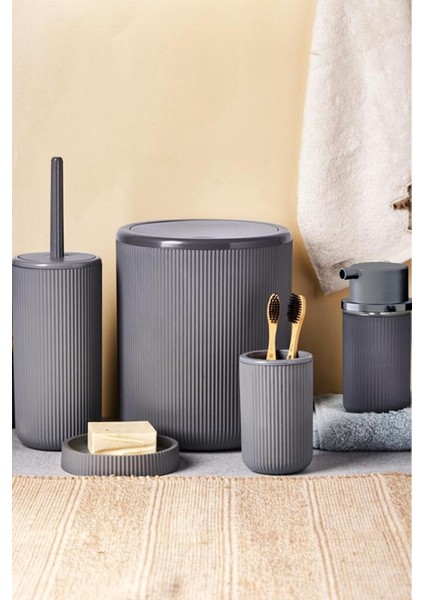 5 Parça Lüx Banyo Seti - Dekoratif Yuvarlak Pratik Kapak Çöp Kovası Diş Fırçalık Sabunluk Fırça Set