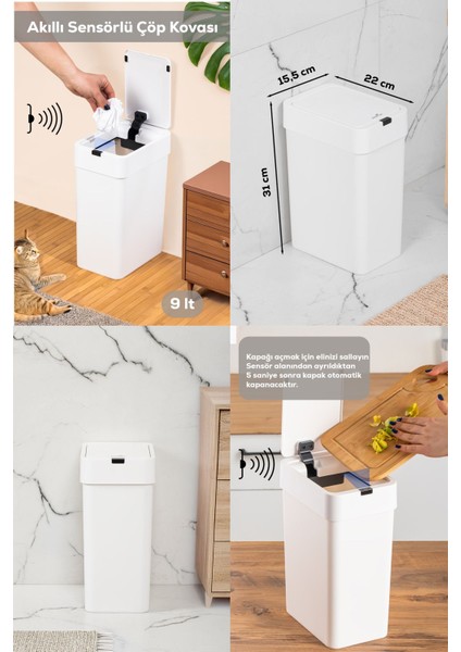 Hareket Sensörlü Sessiz Kapatma Çöp Kutusu Banyo Mutfak Çöp Kovası Kapaklı Banyo Çöp Kovası 9 Lt.