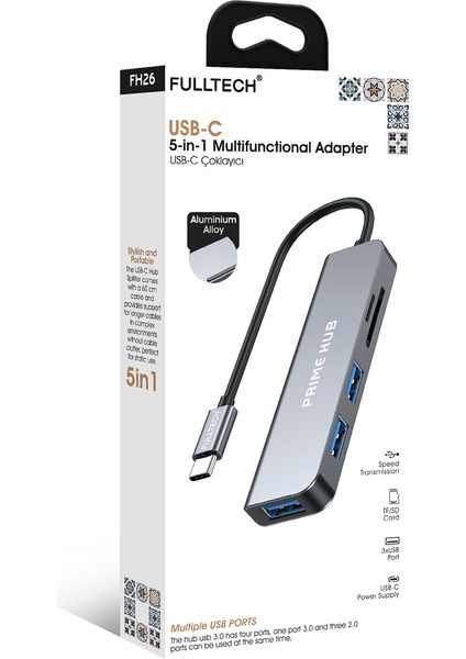 FH26 5'i 1 Arada Usb-C Çoklayıcı | 3xusb Giriş + Sd/tf Kart Okuyucu | Hızlı Veri Aktarımı & Güvenli Çip