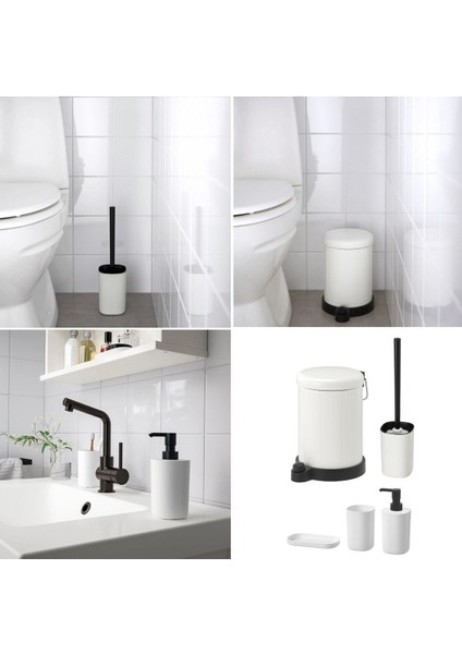 5'li Banyo Seti Çöp Kovası Diş Fırçalık Sabunluk Tuvalet Fırçası Beyaz Galvaniz Çelik ve Plastik