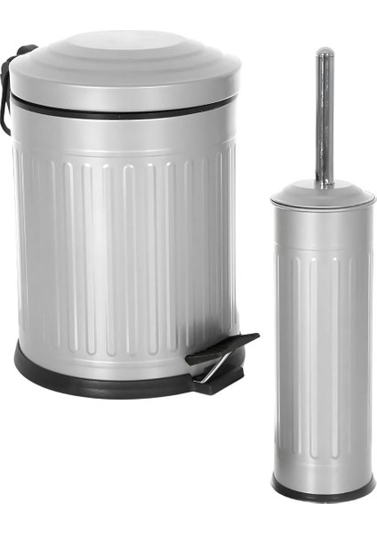 Vintage 2 Li Çöp Kovası Banyo Seti Çizgili Gri