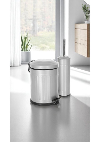 Vintage 2 Li Çöp Kovası Banyo Seti Çizgili Gri