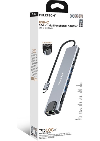 FH22 10'u 1 Arada Usb-C Çoklayıcı Adaptör | 100W Pd Hızlı Şarj | 4K HDMI | Gigabit Ethernet | 10 Port fiyatları