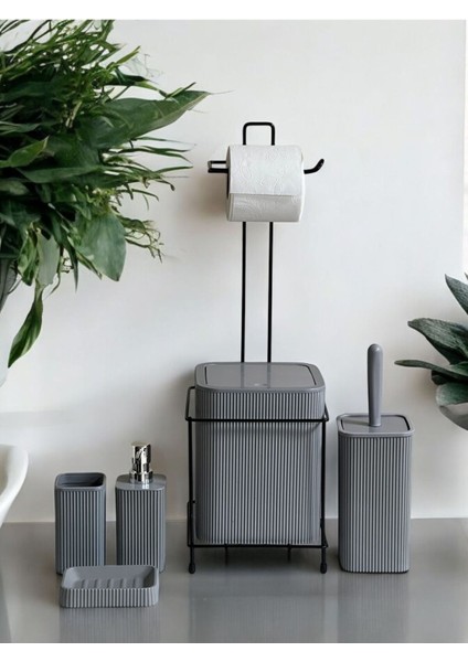 6 Parça Banyo Seti Metal Stantlı Çöp Kovalı Wc Kağıtlık ve Tuvalet Fırçası Katı - Sıvı Sabunlu