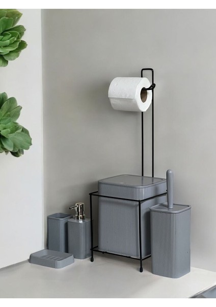 6 Parça Banyo Seti Metal Stantlı Çöp Kovalı Wc Kağıtlık ve Tuvalet Fırçası Katı - Sıvı Sabunlu fiyatları