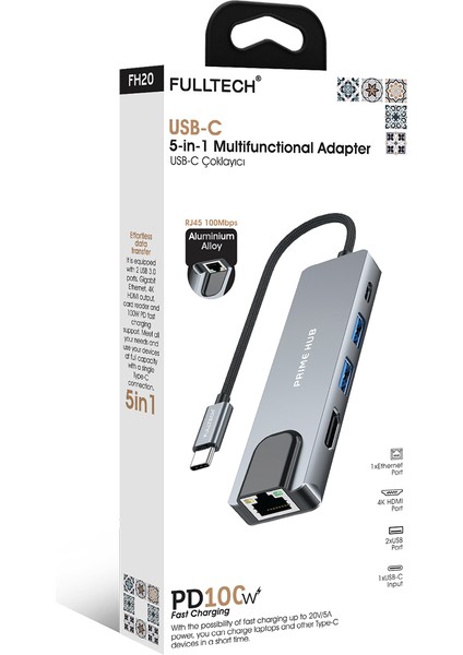 FH20 5-In-1 Usb-C Çoklayıcı Adaptör | 100W Pd Hızlı Şarj | 4K HDMI | Ethernet | 2x USB 3.0 fiyatları