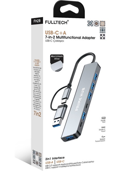 FH28 7-In-2 Usb-C+A Çoklayıcı | 5x USB Girişi + 2x Usb-C | 5gbps Hızlı Veri Aktarımı | Laptop & MacBook Uyumlu Çoklu Port Adaptör