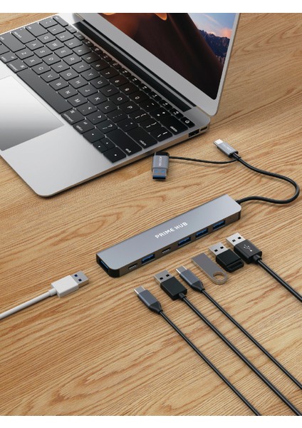 FH28 7-In-2 Usb-C+A Çoklayıcı | 5x USB Girişi + 2x Usb-C | 5gbps Hızlı Veri Aktarımı | Laptop & MacBook Uyumlu Çoklu Port Adaptör