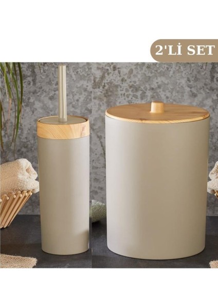 Bambu Desenli Çöp Kovası ve Klozet Wc Fırçası 2’li Set
