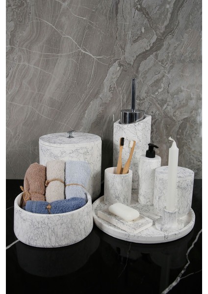12 Parça Mermer Desenli Beton Banyo Seti Katı Sıvı Sabunluk Diş Fırçalık Çöp Kovası Tepsi Mumluk