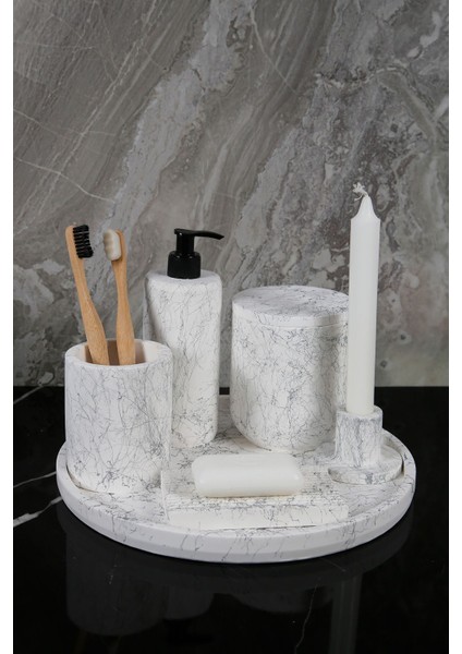 12 Parça Mermer Desenli Beton Banyo Seti Katı Sıvı Sabunluk Diş Fırçalık Çöp Kovası Tepsi Mumluk