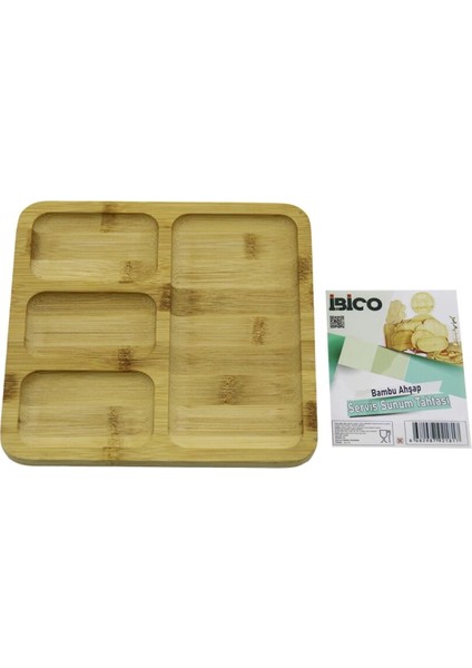 Kare 4 Bölmeli=3+1 Ahşap Bambu Servis Sunum Tepsi - Tahtası 20 x 20 x 1.4cm (4887)