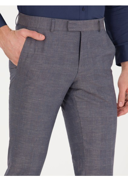 Erkek Lacivert Slim Fit Keten Karışımlı Pantolon 50265200-VR033