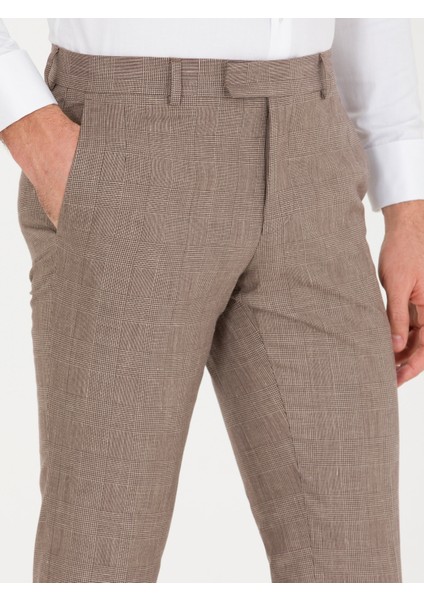 Erkek Kahverengi Slim Fit Keten Karışımlı Pantolon 50265200-VR029