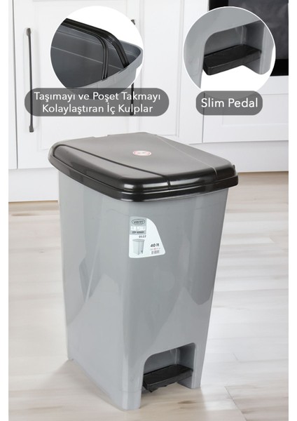 Pedallı Gri Banyo Mutfak Çöp Kovası Siyah Kapaklı Slim Pedallı Çöp Kovası 15 Litre fiyatları