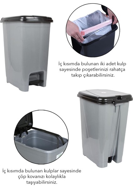 Pedallı Gri Banyo Mutfak Çöp Kovası Siyah Kapaklı Slim Pedallı Çöp Kovası 15 Litre modelleri