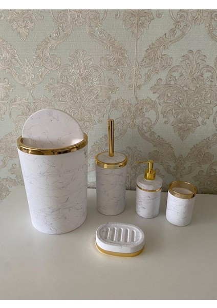 5 Parça Mermer Desen Mat Banyo Seti / Wc Fırçalık, Sıvı - Katı Sabunluk, Çöp Kovası, Diş Fırçalık fiyatları