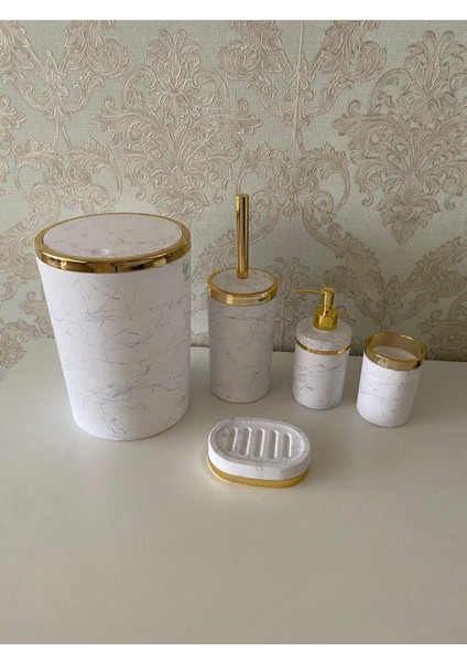 5 Parça Mermer Desen Mat Banyo Seti / Wc Fırçalık, Sıvı - Katı Sabunluk, Çöp Kovası, Diş Fırçalık modelleri