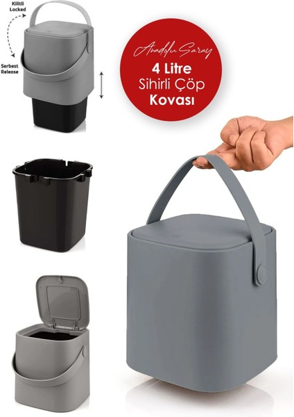 Sihirli Tutma Saplı Iç Kovalı Tezgah Üst Mutfak Çöp Kovası 4 Litre Çöp Kovası - Gri