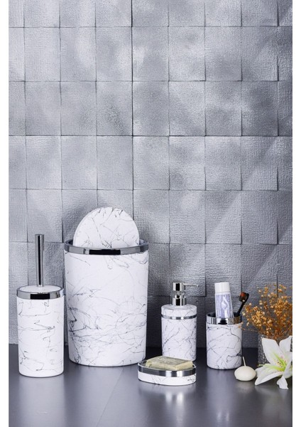 5 Parça Mermer Desen Mat Banyo Seti / Wc Fırçalık, Sıvı - Katı Sabunluk, Çöp Kovası, Diş Fırçalık