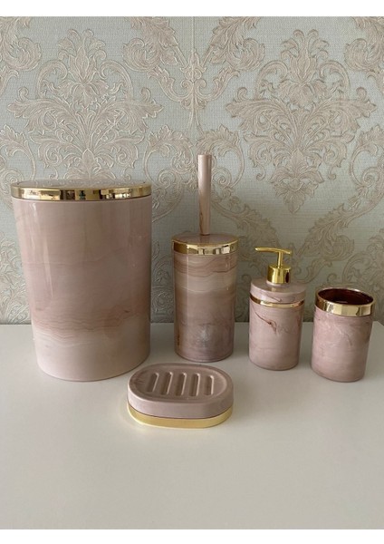 Parça Mermer Desen Banyo Seti / Wc Fırçalık, Sıvı - Katı Sabunluk, Çöp Kovası, Diş Fırçalık