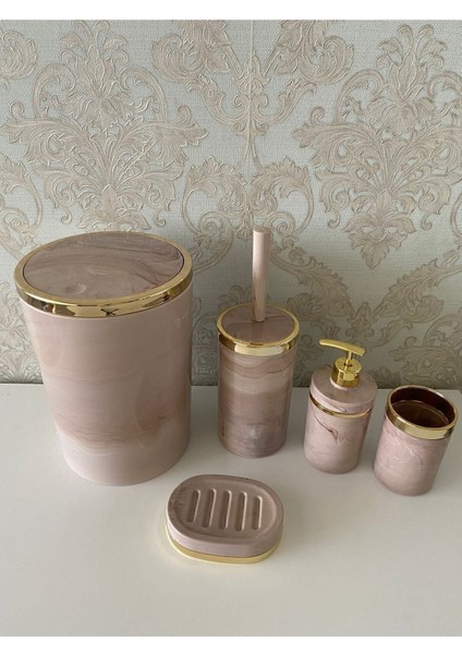 Parça Mermer Desen Banyo Seti / Wc Fırçalık, Sıvı - Katı Sabunluk, Çöp Kovası, Diş Fırçalık modelleri