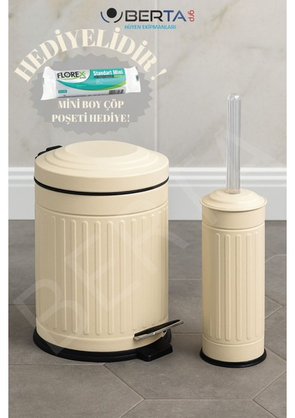 Vintage Banyo Seti Krem Çöp Kovası 5lt Tuvalet Fırçası Lüks Model - Mini Boy Çöp Poşeti Hediyelidir
