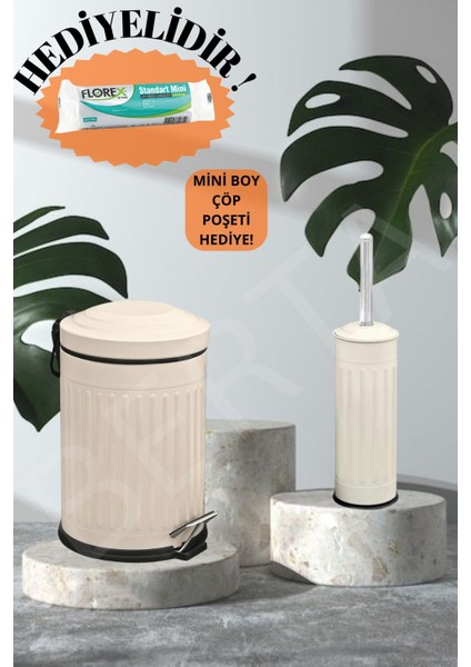 Vintage Banyo Seti Krem Çöp Kovası 5lt Tuvalet Fırçası Lüks Model - Mini Boy Çöp Poşeti Hediyelidir indirimleri