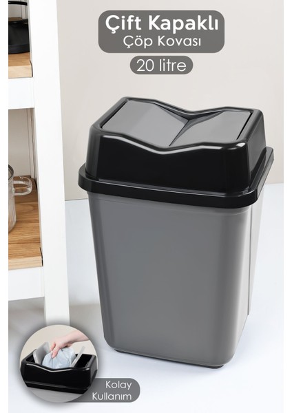 Çift Kapaklı Plastik Çöp Kovası - Ev Ofis Banyo Mutfak Çöp Kovası Gri 20 Litre