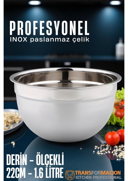 Inox Ölçekli Derin Kase - 22 cm 1.6 Litre Karıştırma Kabı Profesyonel 304 Paslanmaz Çelik 721841 fiyatları