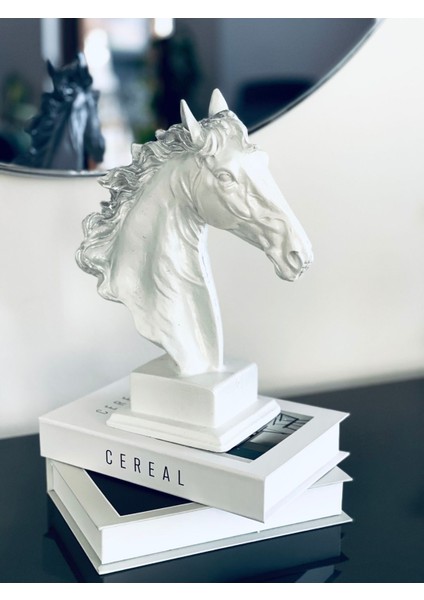 Beyaz Gümüş Dekoratif At Büstü, Büyük Boy, Masa Üstü Heykel 37X26 cm