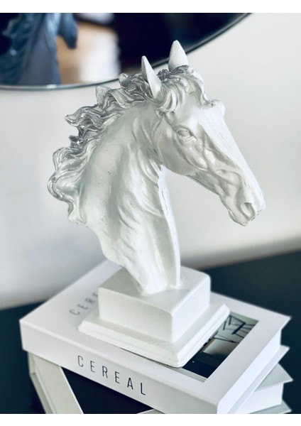 Beyaz Gümüş Dekoratif At Büstü, Büyük Boy, Masa Üstü Heykel 37X26 cm fiyatları
