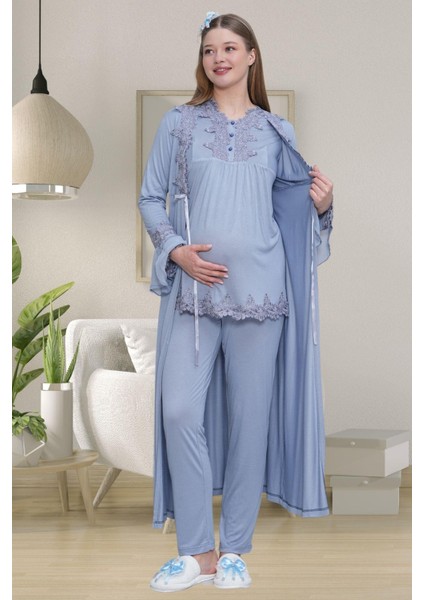 Mecit 1517 Mavi Sabahlıklı Lohusa Pijama Takımı