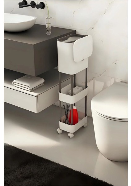15 Litre Çift Raf Üniteli Tekerlekli Fonksiyonel Kapaklı Banyo ve Mutfak Çöp Kovası