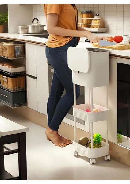 15 Litre Çift Raf Üniteli Tekerlekli Fonksiyonel Kapaklı Banyo ve Mutfak Çöp Kovası