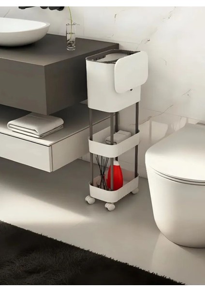 15 Litre Çift Raf Üniteli Tekerlekli Fonksiyonel Kapaklı Banyo ve Mutfak Çöp Kovası