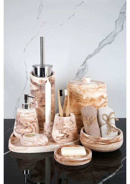 11 Parça Mermer Desenli Beton Banyo Seti Katı Sıvı Sabunluk Diş Fırçalık Çöp Kovası Mumluk Tepsi