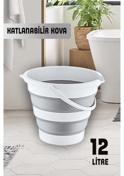 12 Litre Katlanabilir Kova Katlanır Akordiyon Su Kovası ve Banyo Açık Gri