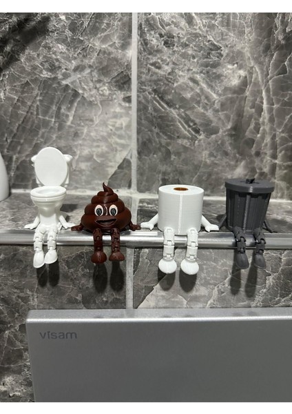 4'lü Eğlenceli Banyo Dekoratif Figür Seti /tuvalet Kağıdı, Kaka Emojisi, Çöp Kovası, Klozet Aksesua