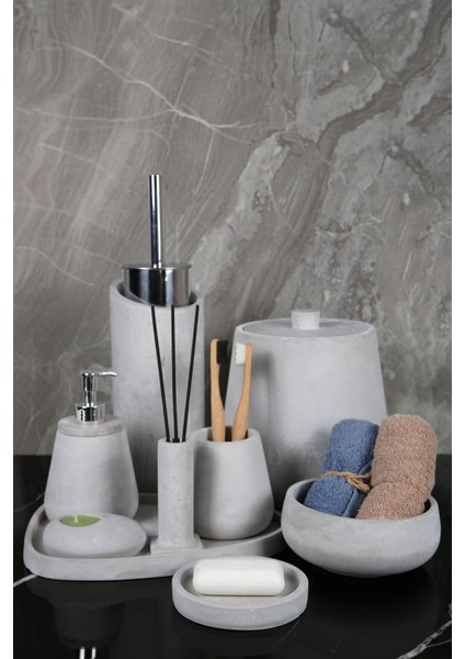 11 Parça Mermer Desenli Beton Banyo Seti Katı Sıvı Sabunluk Diş Fırçalık Çöp Kovası Tütsülük Tepsi