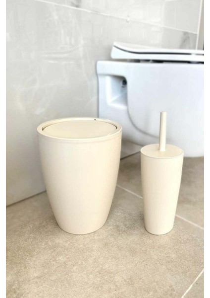 Primanova Pure 2'li Banyo Seti Çöp Kovası + Tuvalet Fırçası Bej