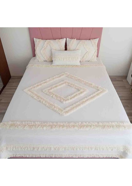 El Yapımı Bohem Model Ponponlu 190 x 200 Ölçülerde Yatak Örtüsü Takım 3 Adet Kırlent Kılıfı
