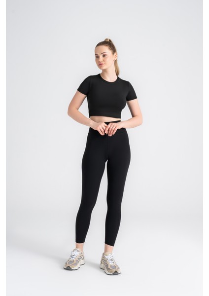 Kadın Toparlayıcı Spor Tayt Yüksek Bel, Dar Paça Siyah