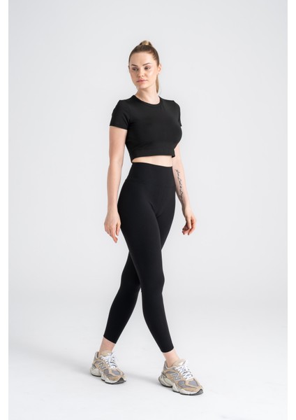 Kadın Toparlayıcı Spor Tayt Yüksek Bel, Dar Paça Siyah fırsatları