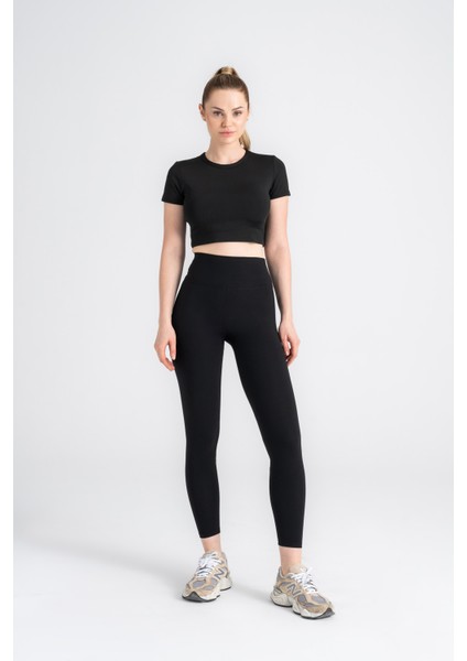 Kadın Toparlayıcı Spor Tayt Yüksek Bel, Dar Paça Siyah indirimleri